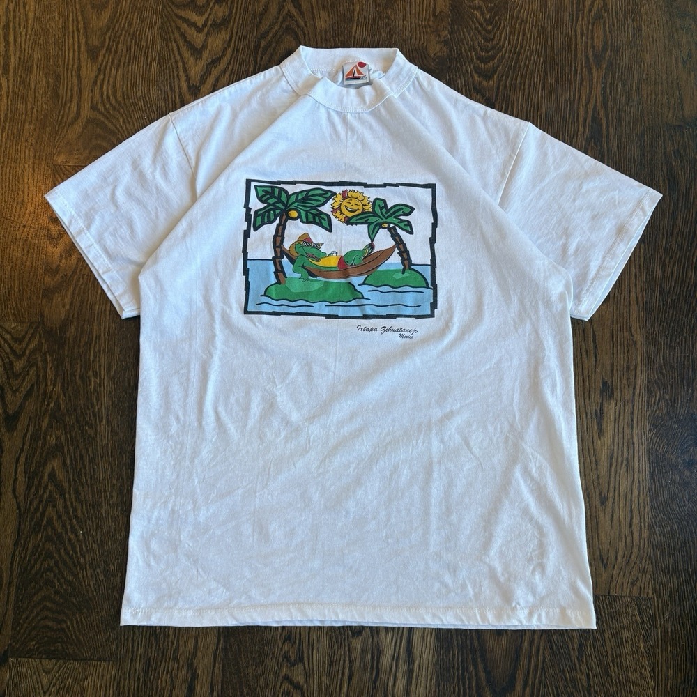 Vintage 90s Ixtapa Zihuatanejo Mexico Tee XL Alligator Hammock Souvenir Cartoon